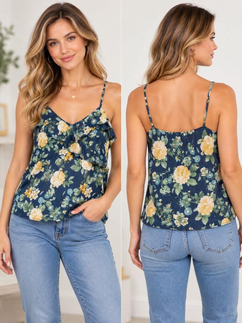 Old Navy Floral Ruffle Cami Tank Top Women’s M Navy Linen Blend